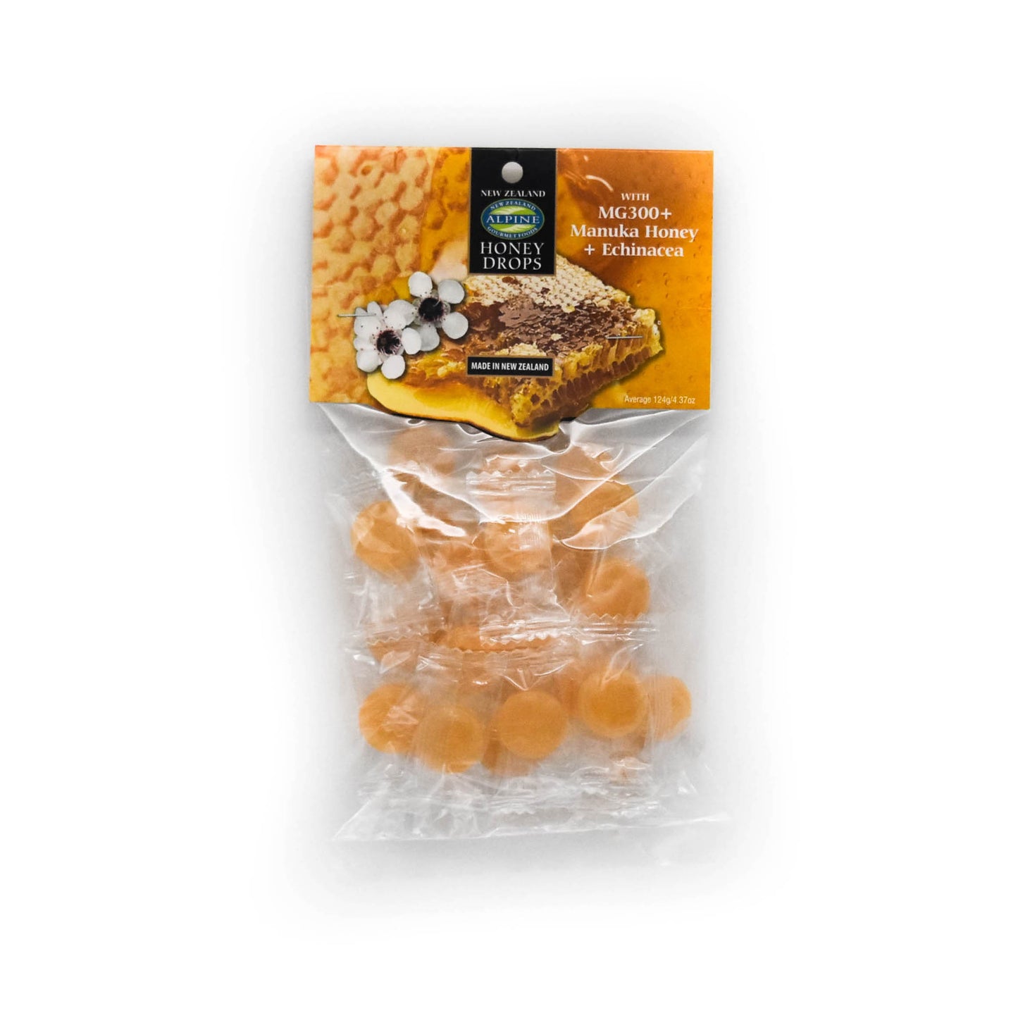 A clear bag containing individually wrapped Manuka Honey Drops with Manuka Honey and Echinacea. The label indicates that the product is made in New Zealand and has an image of manuka flowers and honeycomb
