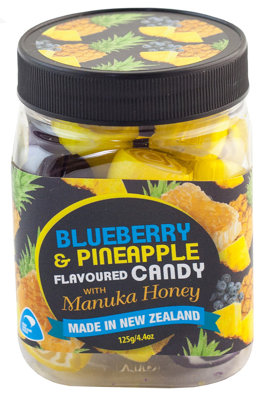 Jar of blueberry and pineapple flavored candy with manuka honey, made in New Zealand.