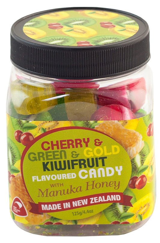 Jar of cherry and green gold kiwifruit flavored candy with manuka honey, made in New Zealand.