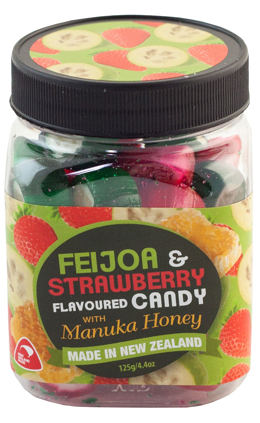 Jar of Feijoa & Strawberry Flavoured Candy with Manuka Honey, made in New Zealand