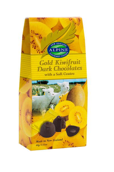Box of Alpine Gold Kiwifruit Dark Chocolates on a white background