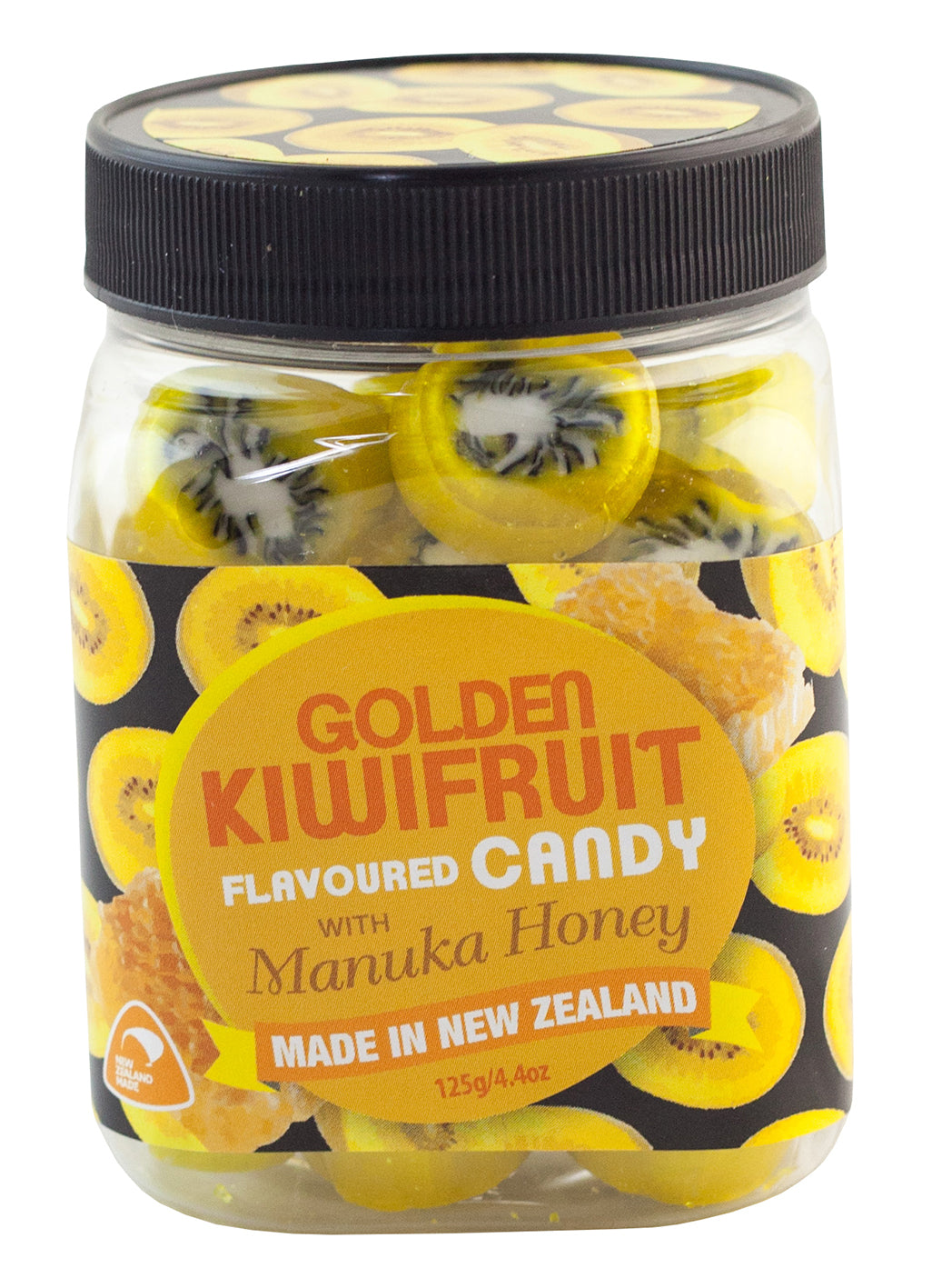 Plastic Jar with Black plastic lid. Contains yellow hard kiwifruit shaped candies with a label suggesting Golden Kiwifruit flavoured candy with Manuka Honey is inside with Made in New Zealand on it. 