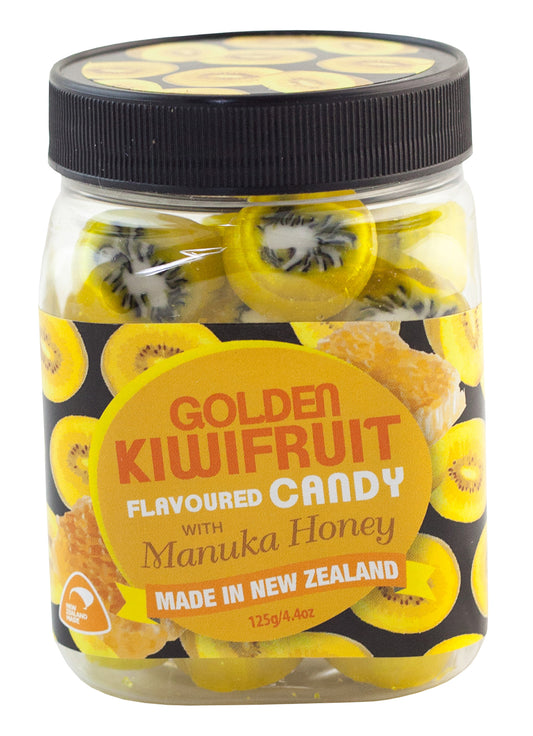 Plastic Jar with Black plastic lid. Contains yellow hard kiwifruit shaped candies with a label suggesting Golden Kiwifruit flavoured candy with Manuka Honey is inside with Made in New Zealand on it.