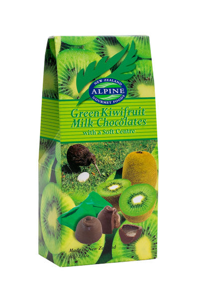 Packaging of Alpine Green Kiwifruit Milk Chocolates with a soft centre on a white background