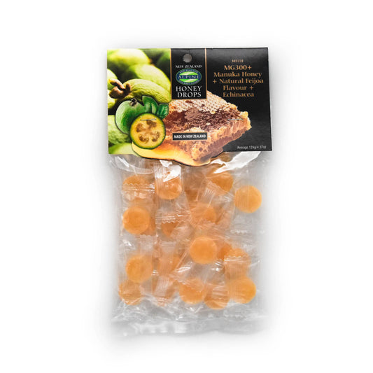 Image of Manuka Honey drops packet with clear plastic and cardboard header. Cardboard header has photos of kiwifruit on it including one sliced open, some manuka honeycomb and text. 