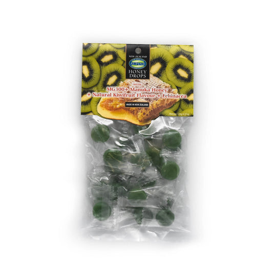 A clear bag containing individually wrapped Manuka Honey Drops with Green Kiwifruit and Echinacea. The label indicates that the product is made in New Zealand and has an image of Green Kiwifruit Slices and honeycomb