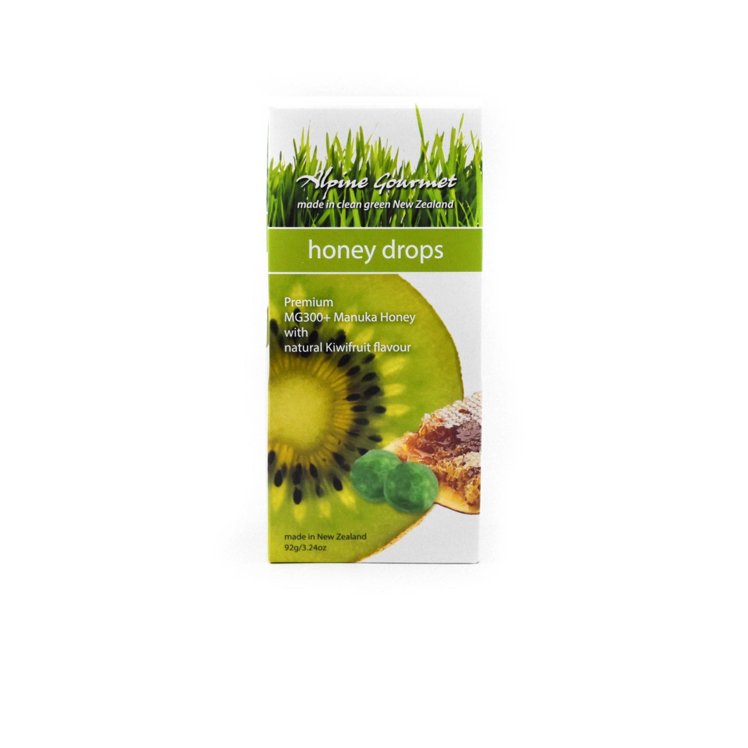 Packaging of Mănuka Honey Drops with Kiwifruit flavor, displaying the product name, a image of a kiwifruit, and a honeycomb.