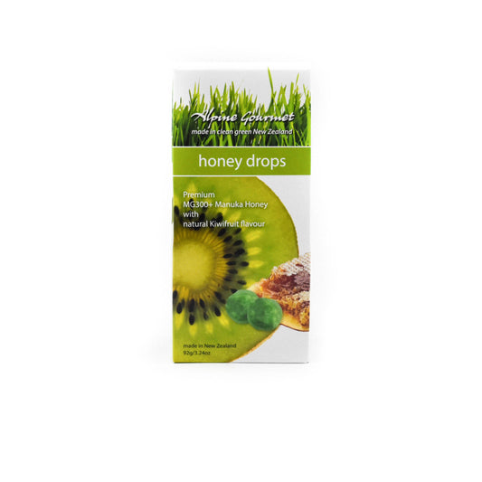 Packaging of Mănuka Honey Drops with Kiwifruit flavor, displaying the product name, a image of a kiwifruit, and a honeycomb.