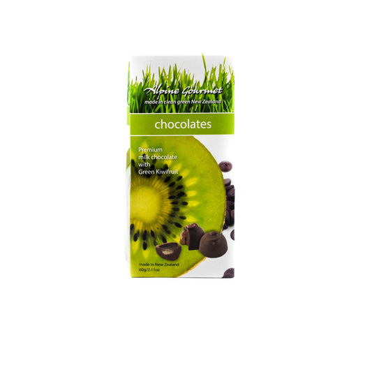 Packaging of premium milk chocolates with kiwifruit centre, displaying chocolate, a slice of kiwifruit, and whole chocolates beside the text.