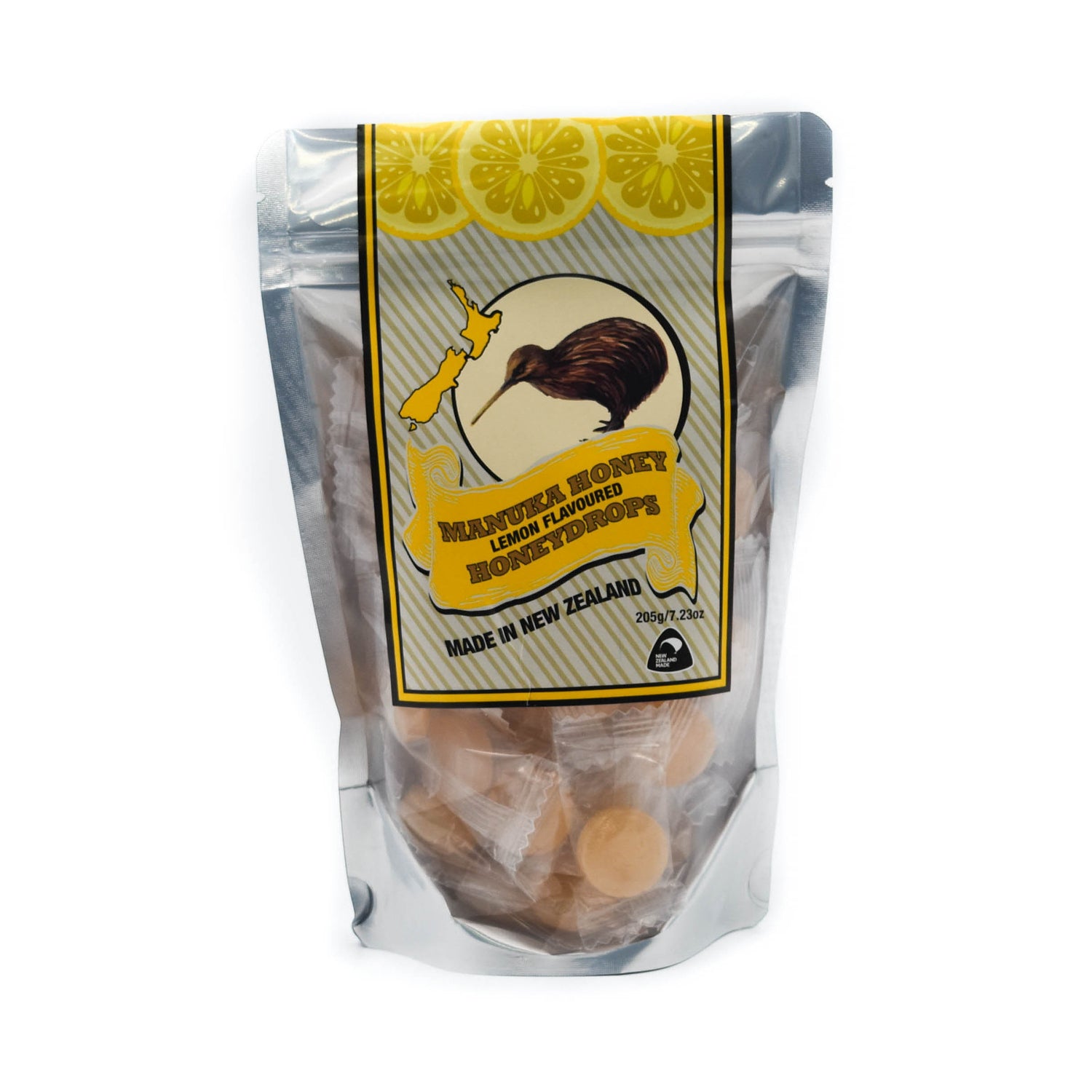 A pouch of Mānka Honey Drops with lemon flavour, individually wrapped, shown in a clear plastic packaging with a yellow label featuring a kiwi bird, map of NZ and lemon slice graphics.