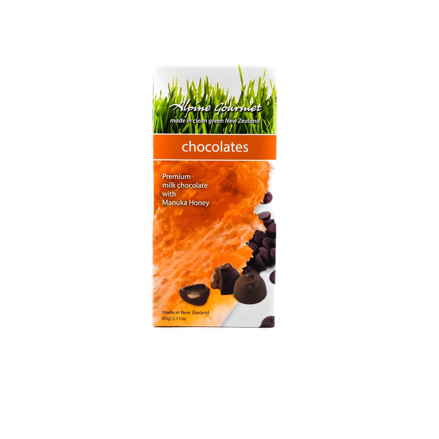 Cardboard pouch with grass at the top behind the alpine gourmet image. An orange Chocolates banner. below an image of manuka honeycomb with chocolate drops behind. in front is 3 chocolates, 2 whole and one cut in half exposing the filling. 