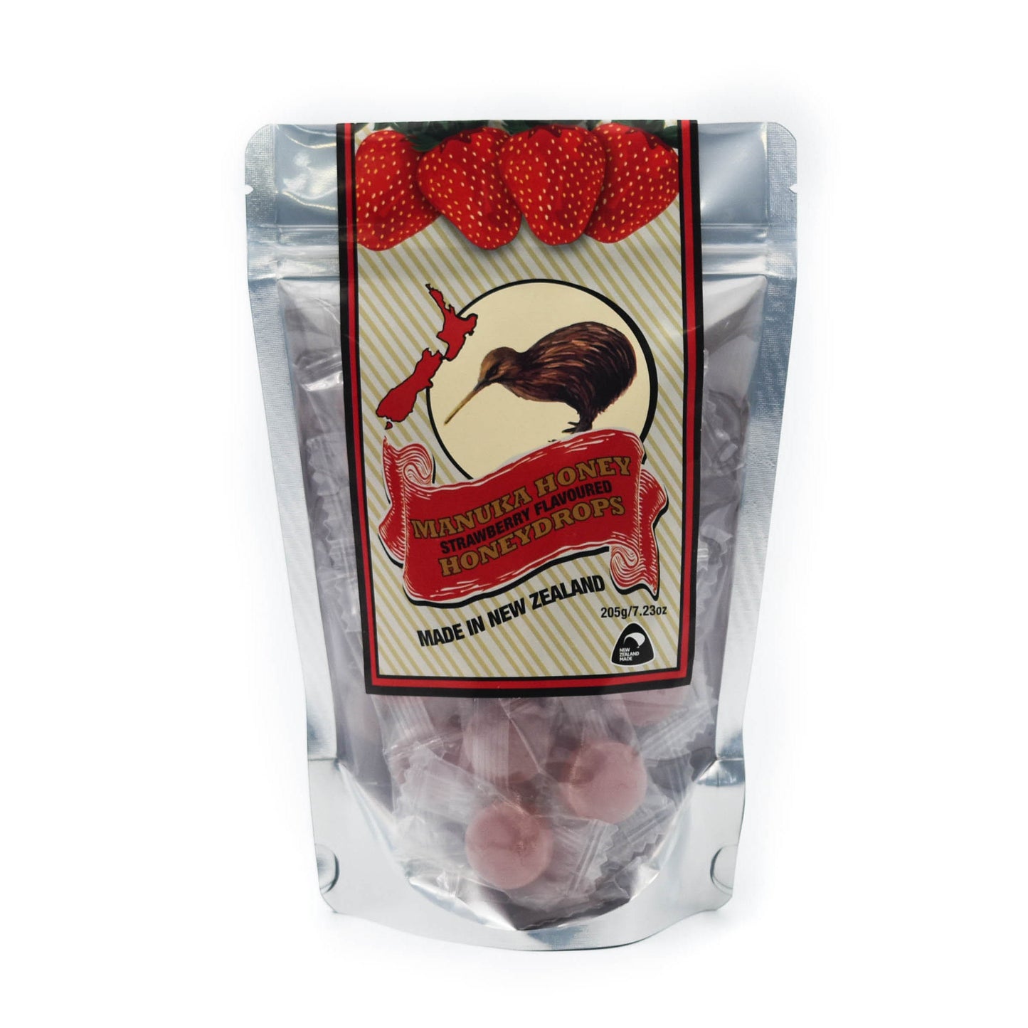 A pouch of Mānka Honey Drops in Strawberry flavor, with the product visibly contained within the clear packaging. The label shows the Mānka Honey brand logo, a kiwi bird, and strawberries, indicating the flavor.