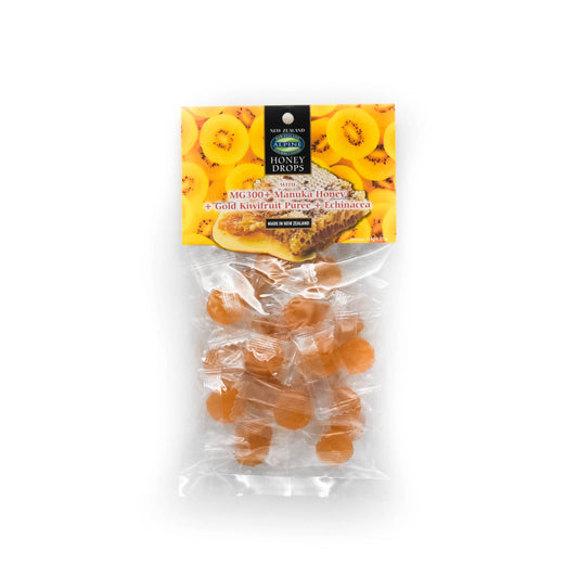 A clear bag containing individually wrapped Manuka Honey Drops with Golden Kiwifruit and Echinacea. The label indicates that the product is made in New Zealand and has an image of Golden Kiwifruit Slices and honeycomb 